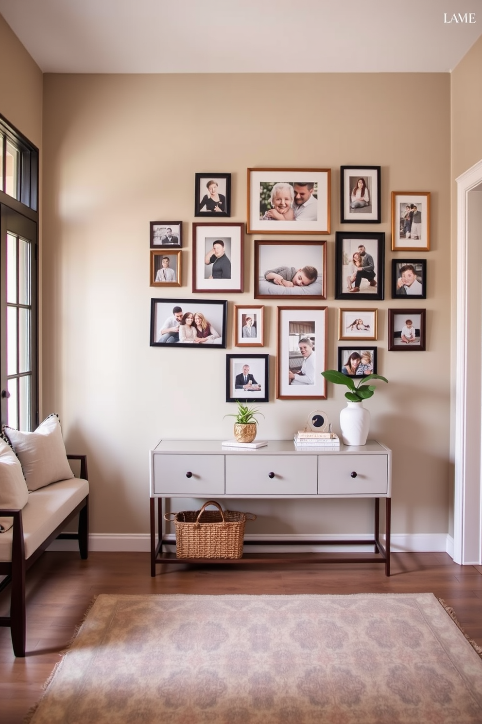 A welcoming entryway featuring a gallery wall filled with framed family photos in various sizes. The wall is painted in a soft beige tone, complemented by a stylish console table beneath it adorned with decorative items and a small potted plant. To the left of the entryway, a comfortable bench with plush cushions invites guests to sit. The floor is covered with a geometric patterned rug that adds warmth and texture to the space.