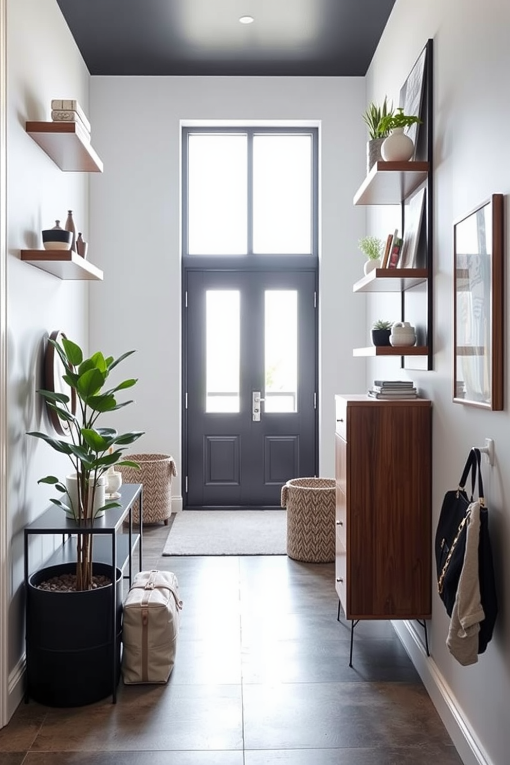 A modern entryway featuring vertical storage solutions that maximize space. The walls are adorned with floating shelves displaying decorative items and plants, while a tall narrow cabinet provides additional storage for shoes and accessories.