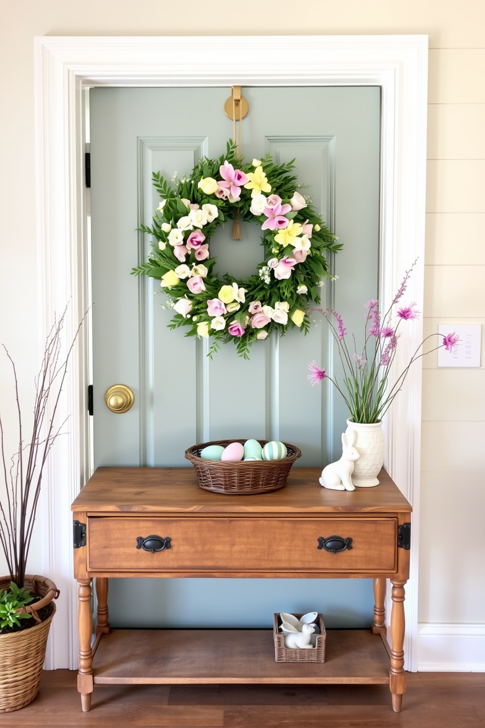 A charming entryway adorned with a spring floral wreath on the door. The wreath features vibrant pastel flowers and lush greenery, welcoming guests with a touch of seasonal cheer. Inside the entryway, a rustic console table displays decorative Easter elements. Colorful eggs in a basket and a small bunny figurine add a playful touch to the decor.