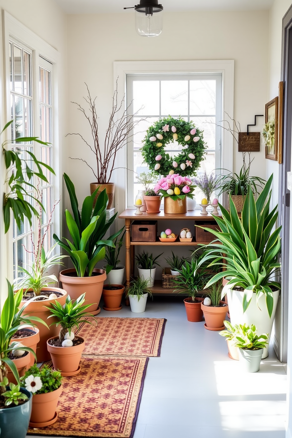 A bright and inviting entryway filled with potted plants of various sizes and shapes. The floor is adorned with a welcoming mat, and the walls are painted in a soft pastel hue to enhance the vibrant greenery. Decorative elements for Easter are tastefully arranged throughout the space. Colorful eggs and spring flowers are displayed on a console table, creating a festive atmosphere that welcomes guests.