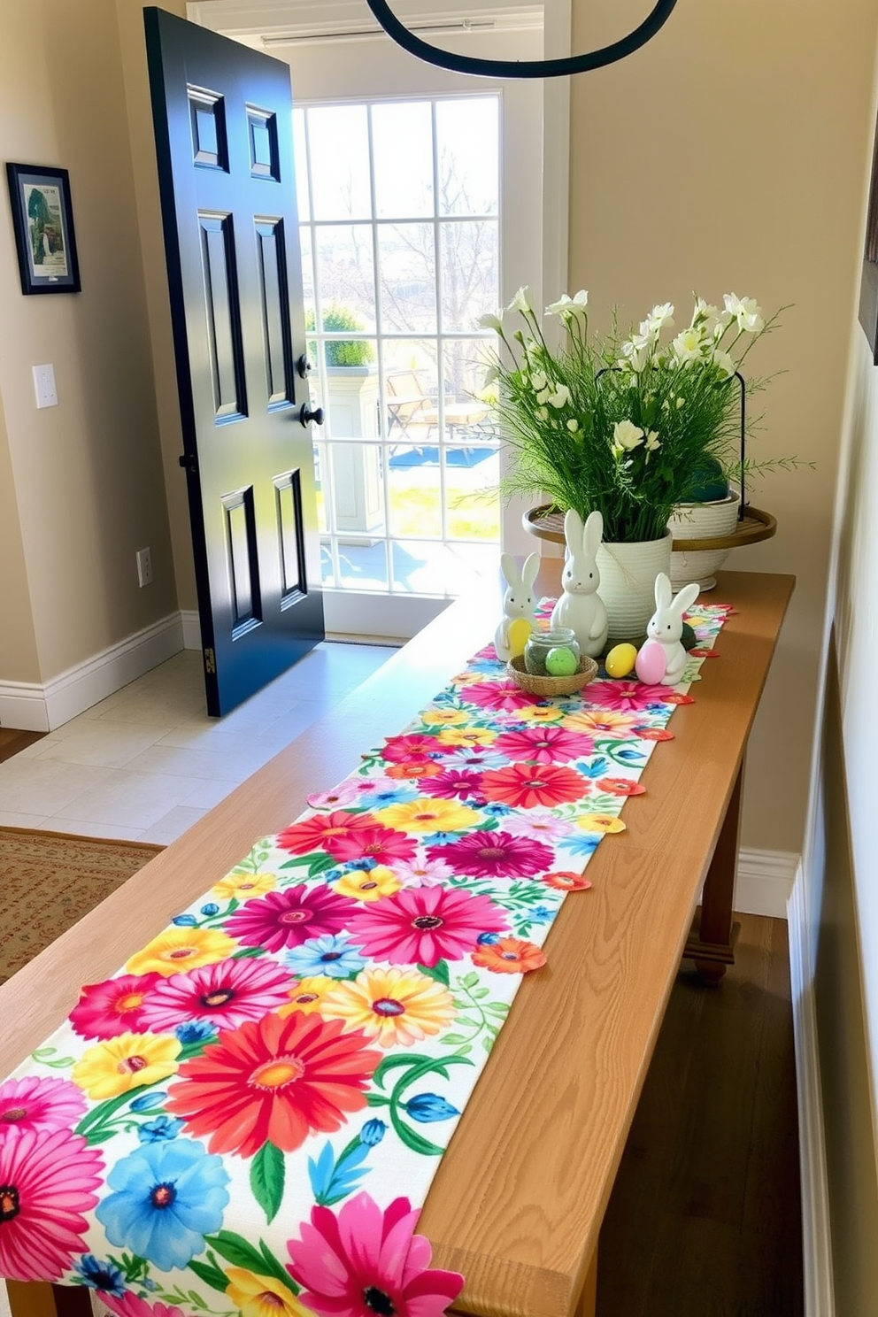 A vibrant floral table runner adorns the entry table, featuring an array of colorful blooms in shades of pink, yellow, and blue. The runner adds a cheerful touch to the space, complementing the natural light streaming in through the nearby window. Decorative accents such as ceramic bunnies and pastel-colored eggs are strategically placed along the table. Fresh greenery in a small vase enhances the festive atmosphere, making the entryway inviting and warm for guests.