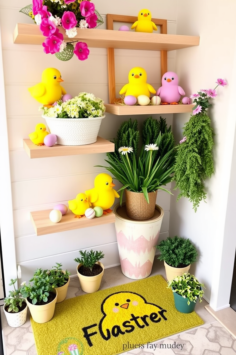 Cute chick decorations on shelves create a whimsical and cheerful atmosphere. Brightly colored chicks in various sizes are nestled among spring flowers and pastel Easter eggs. The entryway is adorned with playful Easter-themed accents. A charming welcome mat featuring a chick design greets guests, while small potted plants add a touch of freshness.