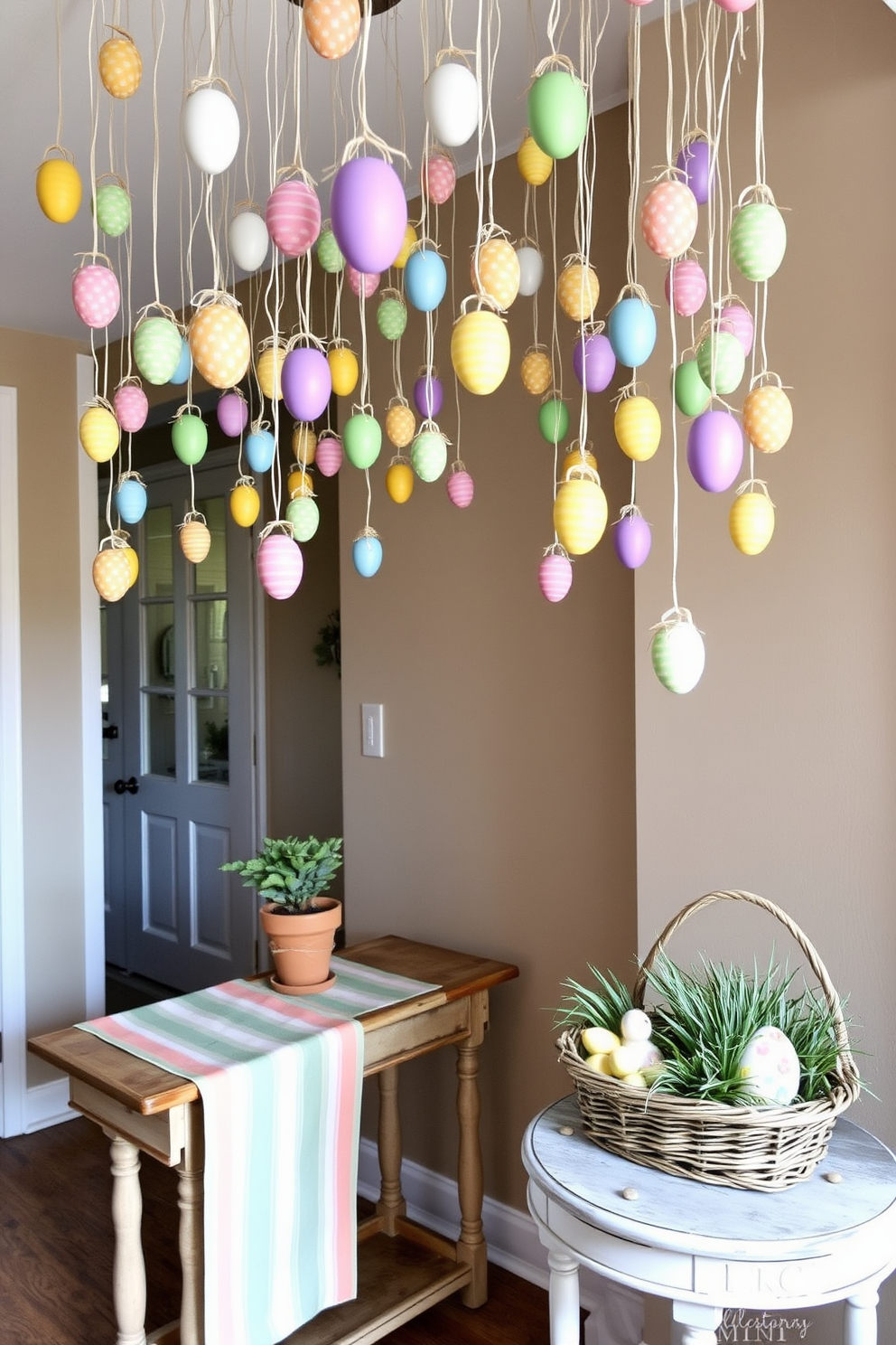 A charming entryway adorned with hanging egg ornaments from the ceiling. The colorful eggs sway gently, creating a festive atmosphere that welcomes guests. A rustic console table sits against the wall, decorated with a pastel runner and a small potted plant. On the table, a decorative basket filled with faux grass and additional eggs adds a touch of Easter cheer.