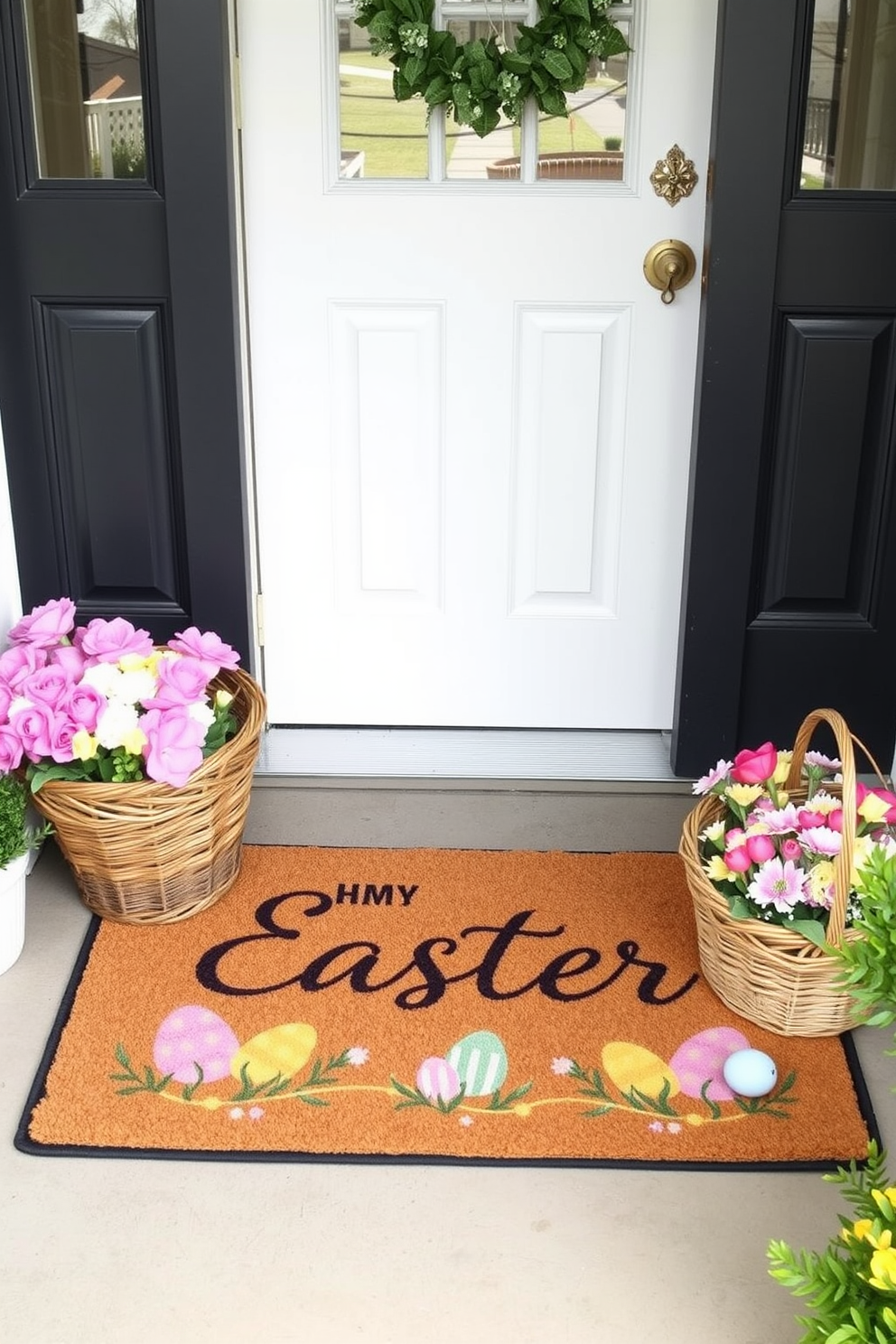 A charming entryway featuring a seasonal doormat adorned with an Easter theme. The doormat is complemented by pastel-colored decorations, including painted eggs and a small basket filled with spring flowers.