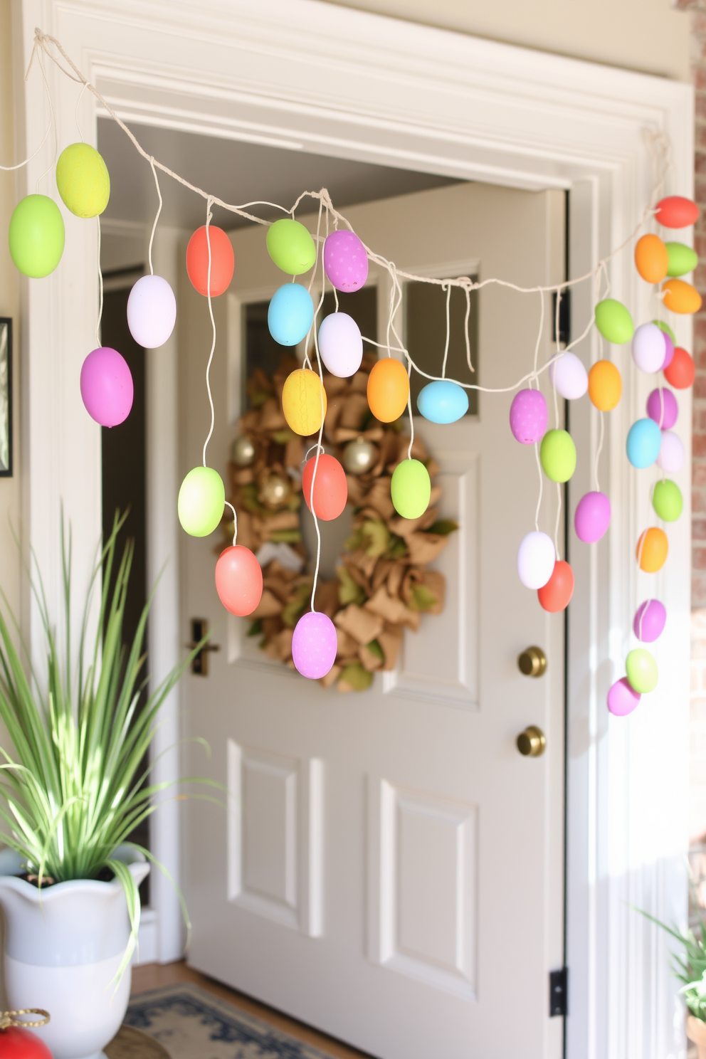 Brightly colored Easter egg garland adorns the entryway, creating a festive and inviting atmosphere. The garland features an array of vibrant pastel eggs hanging from a delicate string, adding a playful touch to the decor.