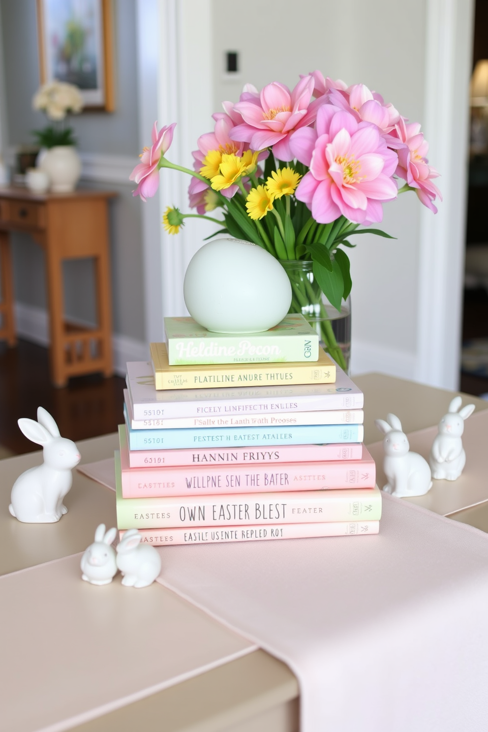 A charming entryway table is adorned with a stack of beautifully designed Easter-themed books. The books feature pastel colors and whimsical illustrations, creating a festive atmosphere that welcomes guests. Surrounding the book stack are decorative elements such as small ceramic bunnies and vibrant spring flowers in a vase. The table is complemented by a soft pastel runner, enhancing the cheerful Easter decor.