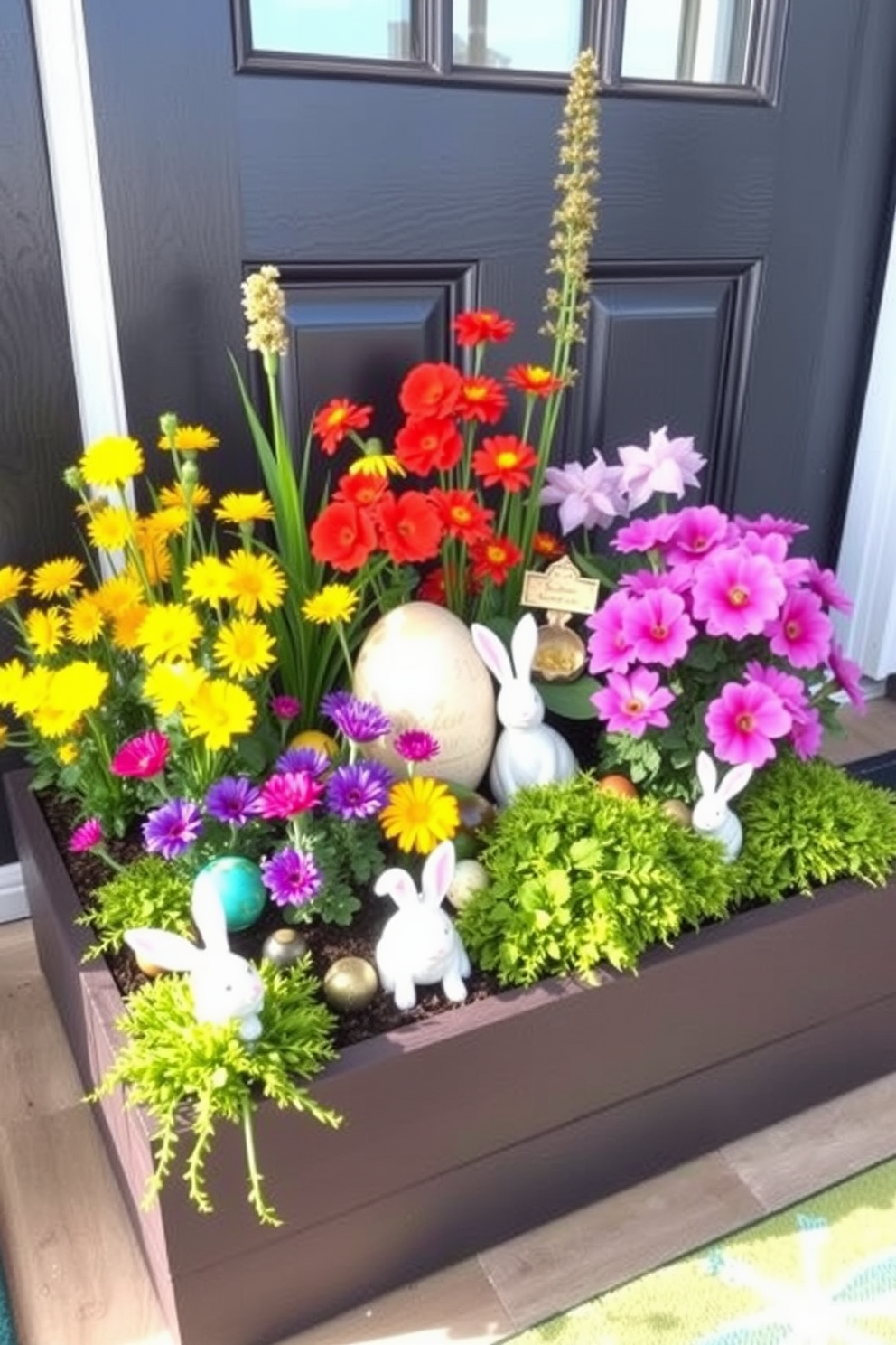 A charming miniature garden is set up in the entryway featuring vibrant flowers and lush greenery. Bunny accents are playfully integrated throughout the garden, adding a whimsical touch to the Easter decorating theme.