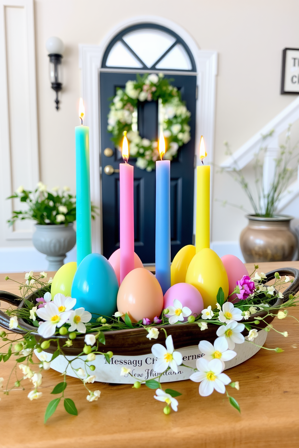 A charming entryway adorned with whimsical egg-shaped candles in vibrant pastel colors. The candles are arranged on a decorative tray, surrounded by fresh spring flowers and delicate greenery.