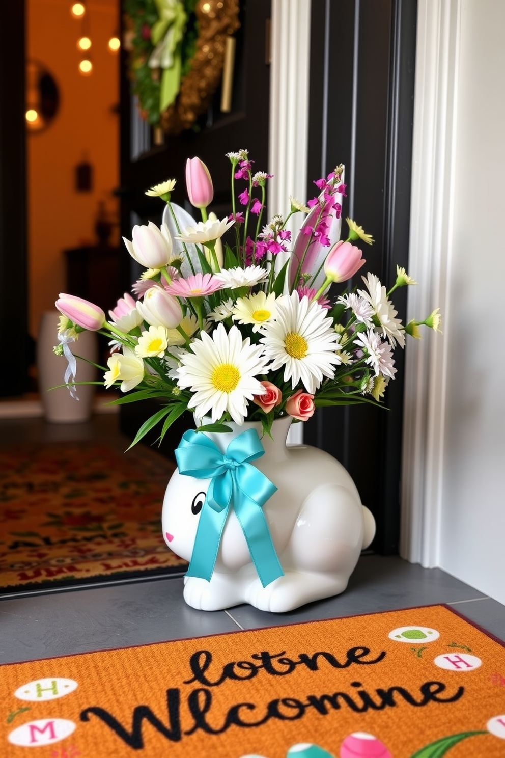 Floral arrangement in a bunny vase creates a whimsical and festive atmosphere. The entryway is adorned with pastel-colored flowers, such as tulips and daisies, arranged in a charming bunny-shaped vase. Brightly colored Easter decorations complement the floral display, enhancing the cheerful ambiance. A welcome mat with spring motifs and subtle lighting add warmth and invitation to the space.