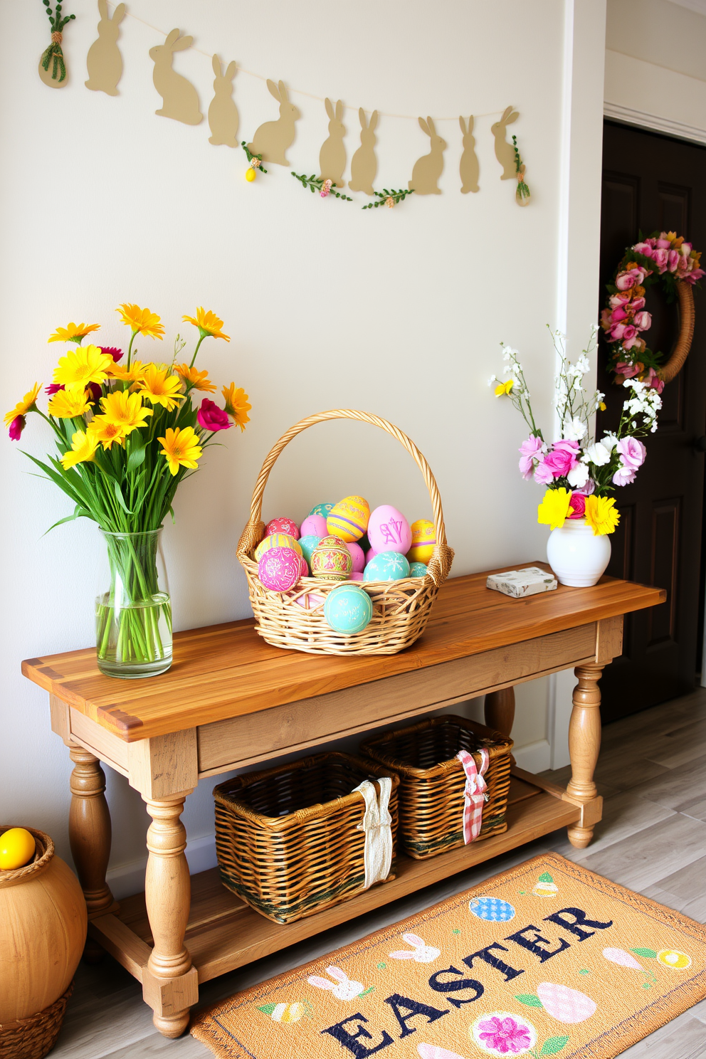 A vibrant array of colorful Easter eggs is nestled in a woven basket, showcasing a mix of pastel hues and intricate patterns. The basket is placed on a rustic wooden console table, which is adorned with spring flowers in cheerful vases. The entryway is brightened with festive Easter decorations, including a whimsical garland of bunny silhouettes draped along the wall. A cheerful welcome mat featuring playful Easter motifs greets guests as they step inside.