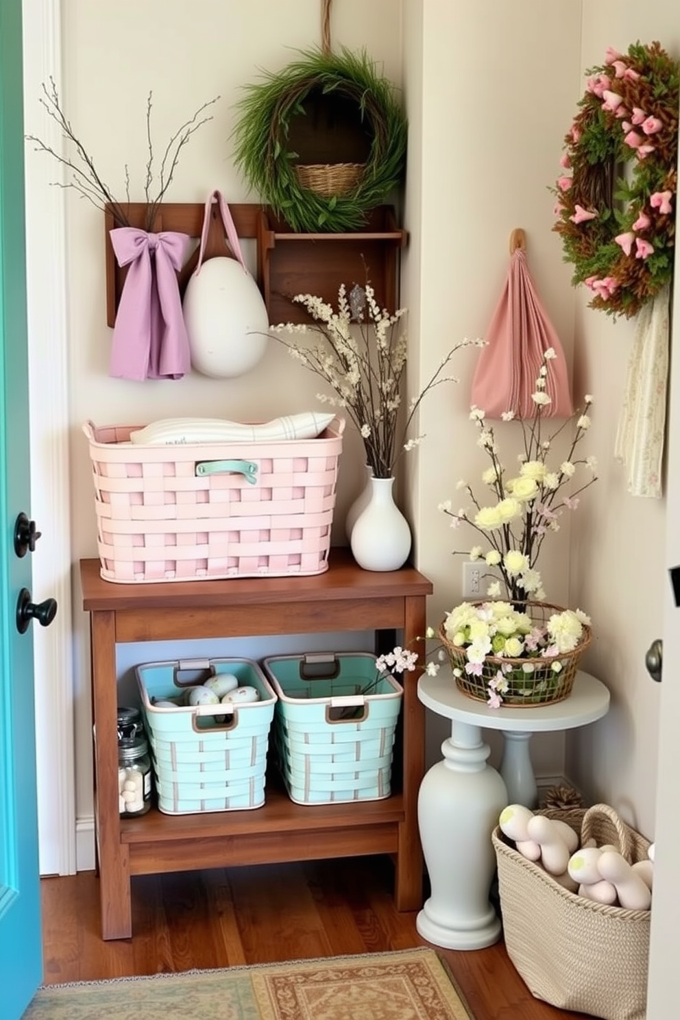 A charming entryway adorned with pastel colored baskets for storage. The baskets are arranged neatly on a wooden shelf, adding a pop of color to the space. Easter decorations are tastefully displayed throughout the entryway. Delicate floral arrangements and pastel-themed accents create a warm and inviting atmosphere.