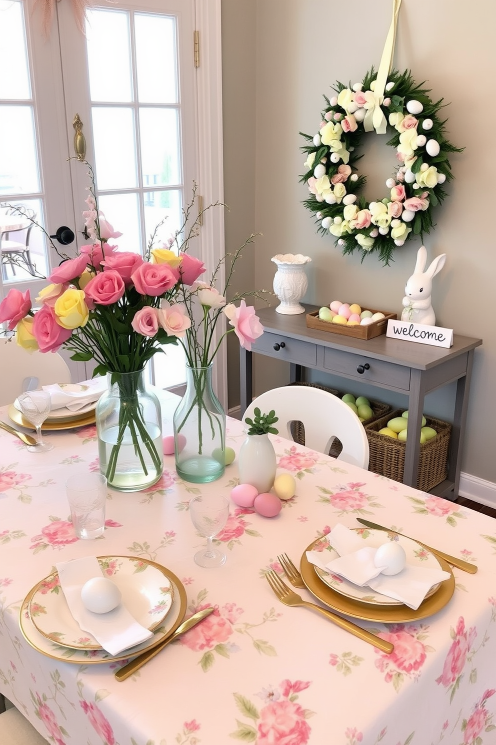 Easter themed table setting ideas. A beautifully set table features a pastel-colored tablecloth adorned with floral patterns, complemented by mismatched vintage china plates and gold cutlery. Fresh spring flowers in a variety of vases create a vibrant centerpiece, while decorative eggs in soft hues are scattered across the table for a festive touch. Entryway Easter Decorating Ideas. A welcoming entryway showcases a large wreath made of pastel-colored flowers and eggs hanging on the door. A small console table is adorned with a decorative bunny figurine, a basket filled with colorful eggs, and a cheerful welcome sign to greet guests.