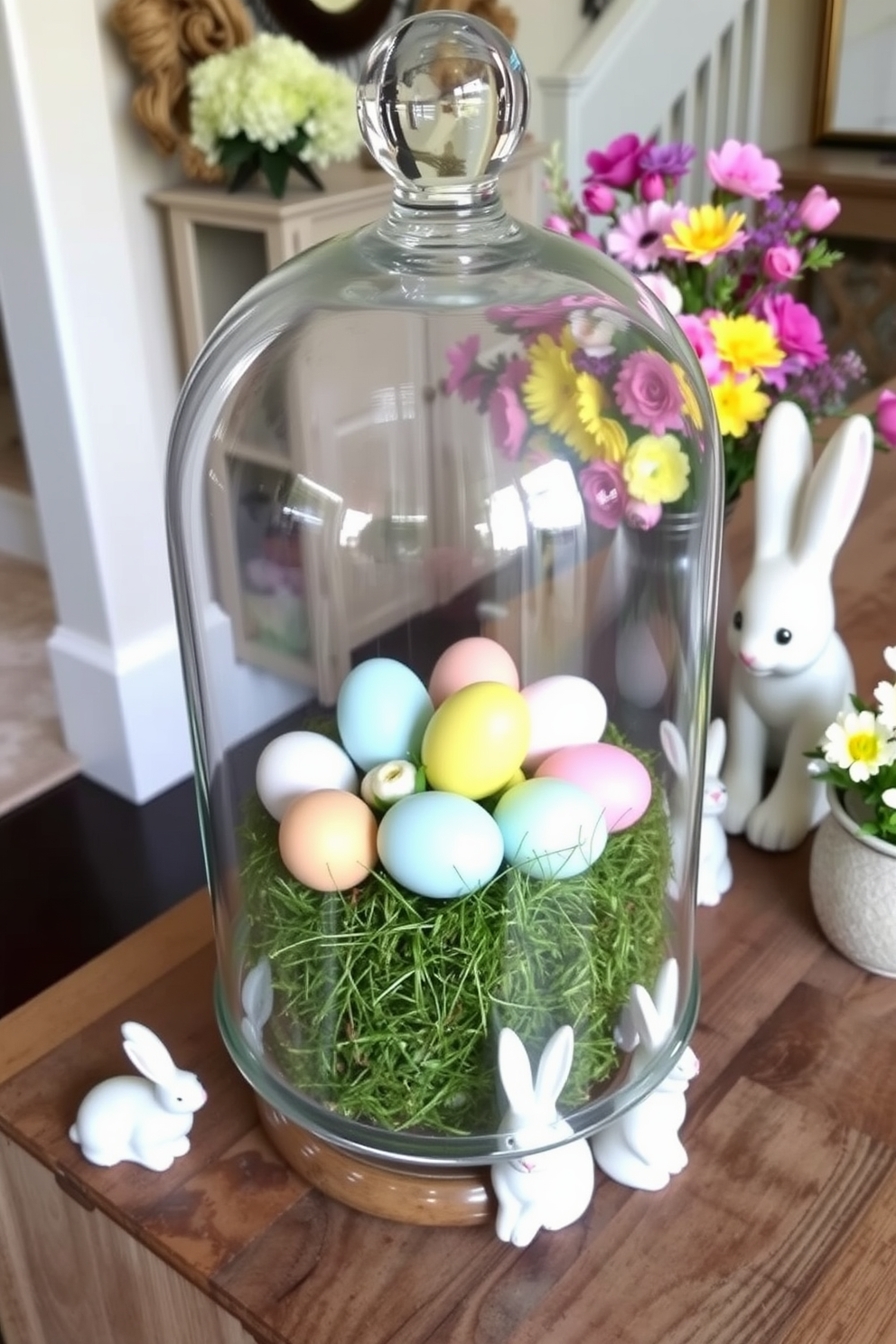 A creative egg display is showcased within a glass cloche, featuring a variety of pastel-colored eggs arranged on a bed of moss. The cloche is placed on a rustic wooden entryway table, surrounded by seasonal decor like spring flowers and decorative bunnies.