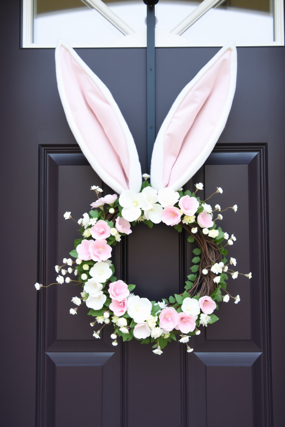 A whimsical entryway adorned with a bunny ear wreath that captures the essence of Easter. The wreath features soft pastel colors and delicate floral accents, creating a cheerful and inviting atmosphere.