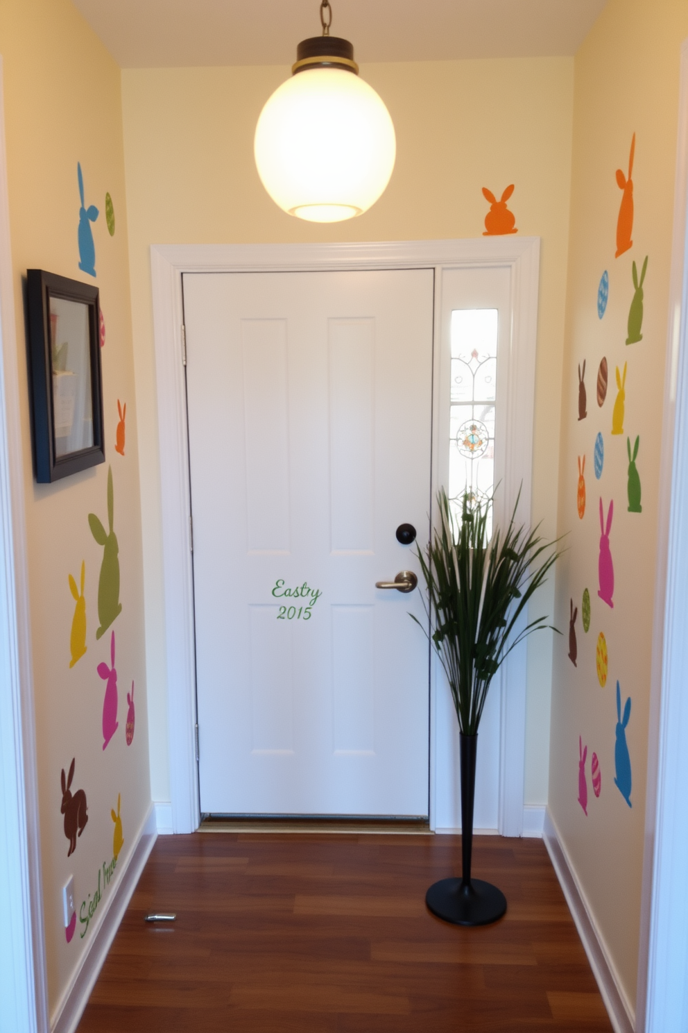 Easter themed wall decals adorn the entryway, featuring colorful bunnies and vibrant eggs that create a festive atmosphere. The decals are arranged playfully on the walls, inviting guests to celebrate the joy of the season as they enter the home.