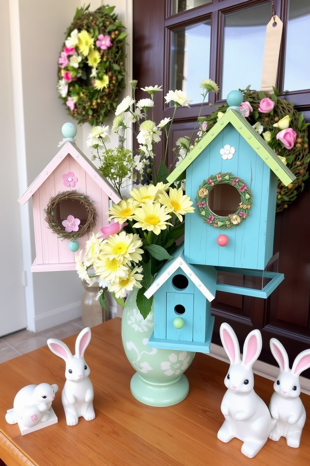 Charming birdhouses as decor accents. These whimsical pieces can be painted in vibrant colors and adorned with intricate designs, creating a playful atmosphere. Entryway Easter Decorating Ideas. Fresh flowers in pastel hues can be arranged in a decorative vase, complemented by seasonal wreaths on the door and cheerful bunny figurines placed strategically around the space.