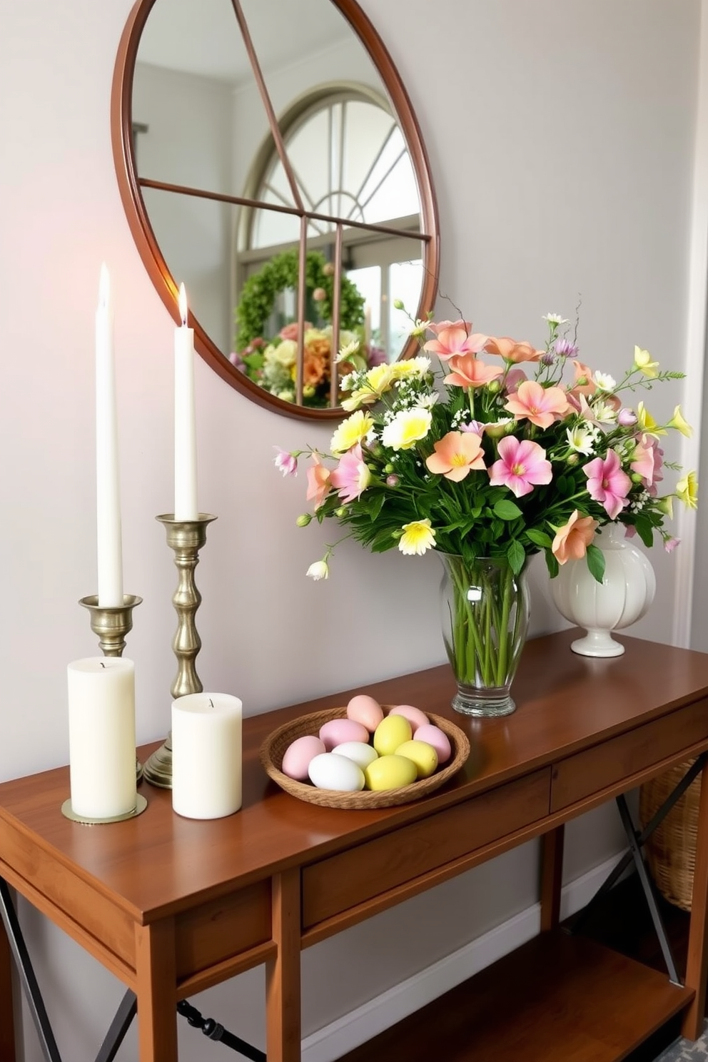 A welcoming entryway adorned with spring scented candles on a stylish console table. The table is decorated with pastel-colored Easter eggs and a vibrant floral arrangement, creating a cheerful atmosphere.