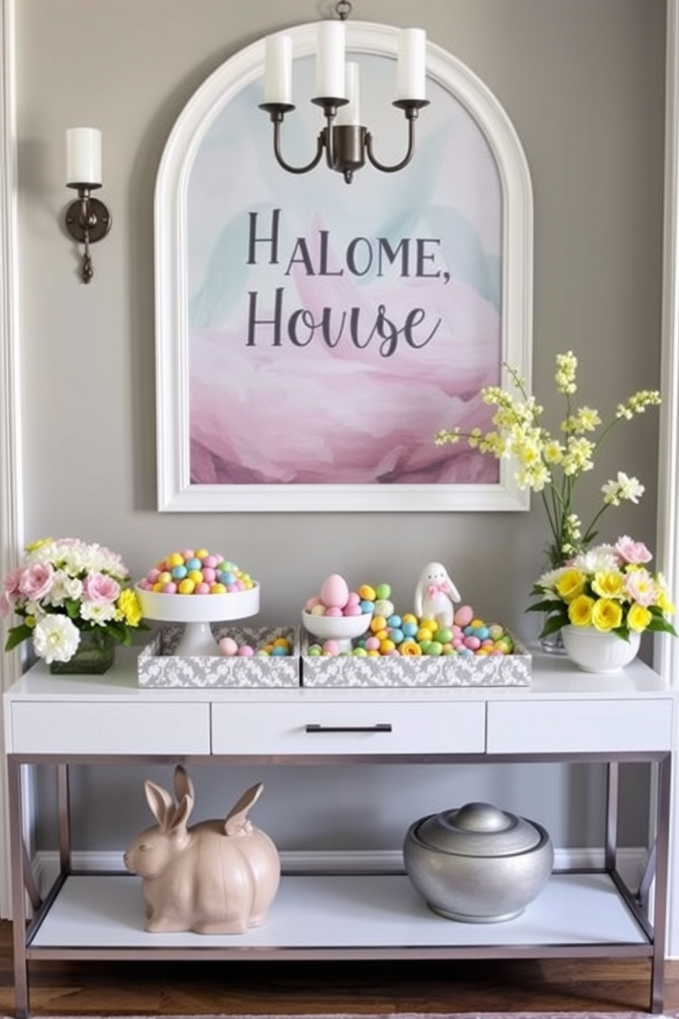 A welcoming entryway adorned with decorative trays filled with colorful Easter treats. The trays are arranged on a sleek console table, surrounded by fresh spring flowers and soft pastel accents.