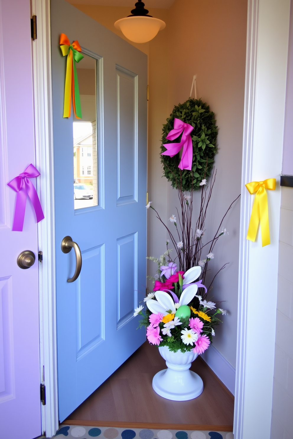 A vibrant entryway adorned with colorful ribbon accents on door handles creates a welcoming atmosphere. The space features a beautifully arranged Easter display with pastel-colored decorations and fresh flowers, inviting guests to celebrate the season.