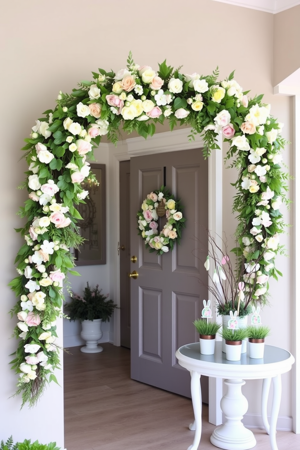 A charming entryway adorned with a floral garland draped elegantly over the entrance. The garland features a mix of pastel blooms and lush greenery, creating a welcoming atmosphere for guests. Decorative Easter elements are tastefully arranged throughout the entryway. A colorful wreath hangs on the door, and small potted plants with Easter-themed decorations are placed on a console table.