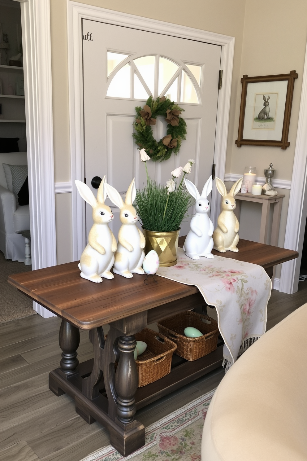 Charming bunny figurines are arranged on a rustic wooden table in the entryway. The table is adorned with pastel-colored decorative eggs and a soft floral table runner, creating a welcoming Easter atmosphere.