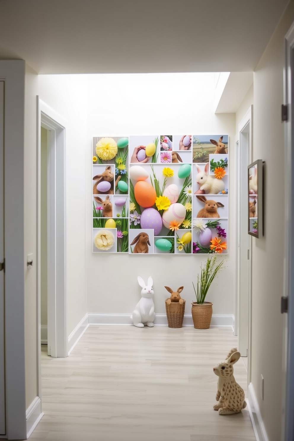 Create an Easter themed photo collage on a wall in a bright and cheerful entryway. The collage features a variety of colorful Easter eggs, spring flowers, and bunny decorations, all arranged in a harmonious layout.