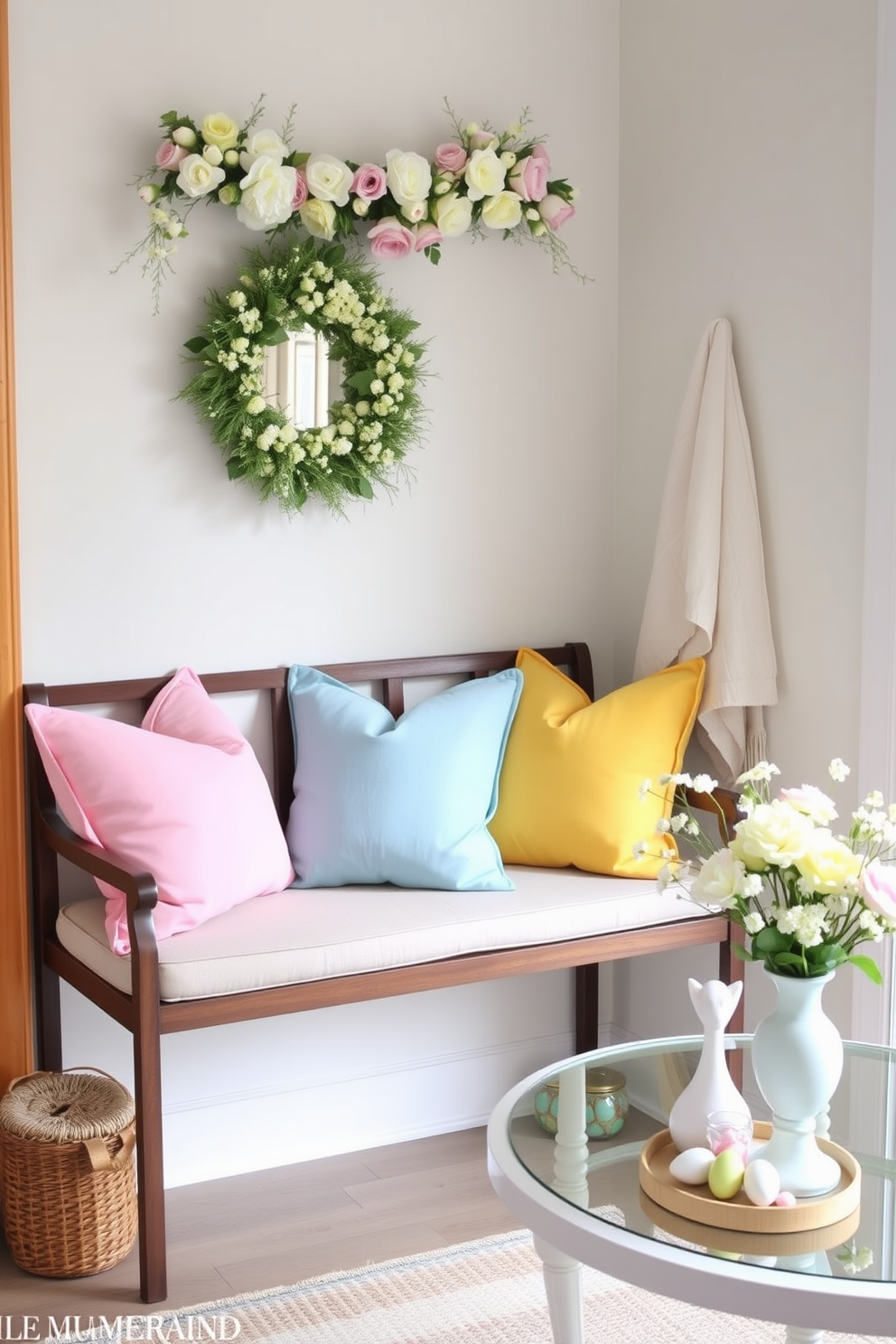 A cozy entryway features a stylish bench adorned with pastel throw pillows in soft shades of pink, blue, and yellow. The bench is positioned against a light-colored wall, creating an inviting atmosphere for guests. Easter decorations add a festive touch to the space, with delicate floral arrangements and pastel-colored eggs displayed on a nearby table. A cheerful garland of spring flowers hangs above the bench, enhancing the seasonal charm.