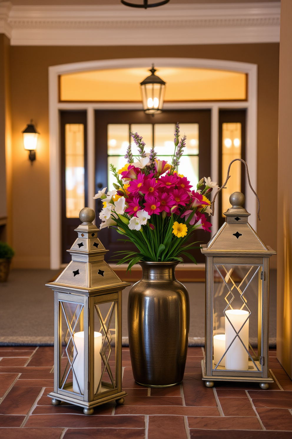 Decorative lanterns are placed strategically in the entryway, each filled with vibrant spring flowers that bring a cheerful ambiance. The soft glow from the lanterns illuminates the space, creating a warm and inviting atmosphere for guests.