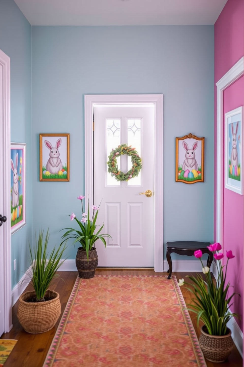 A vibrant entryway adorned with Easter themed wall art. Colorful paintings of bunnies and eggs hang in decorative frames, creating a festive atmosphere.