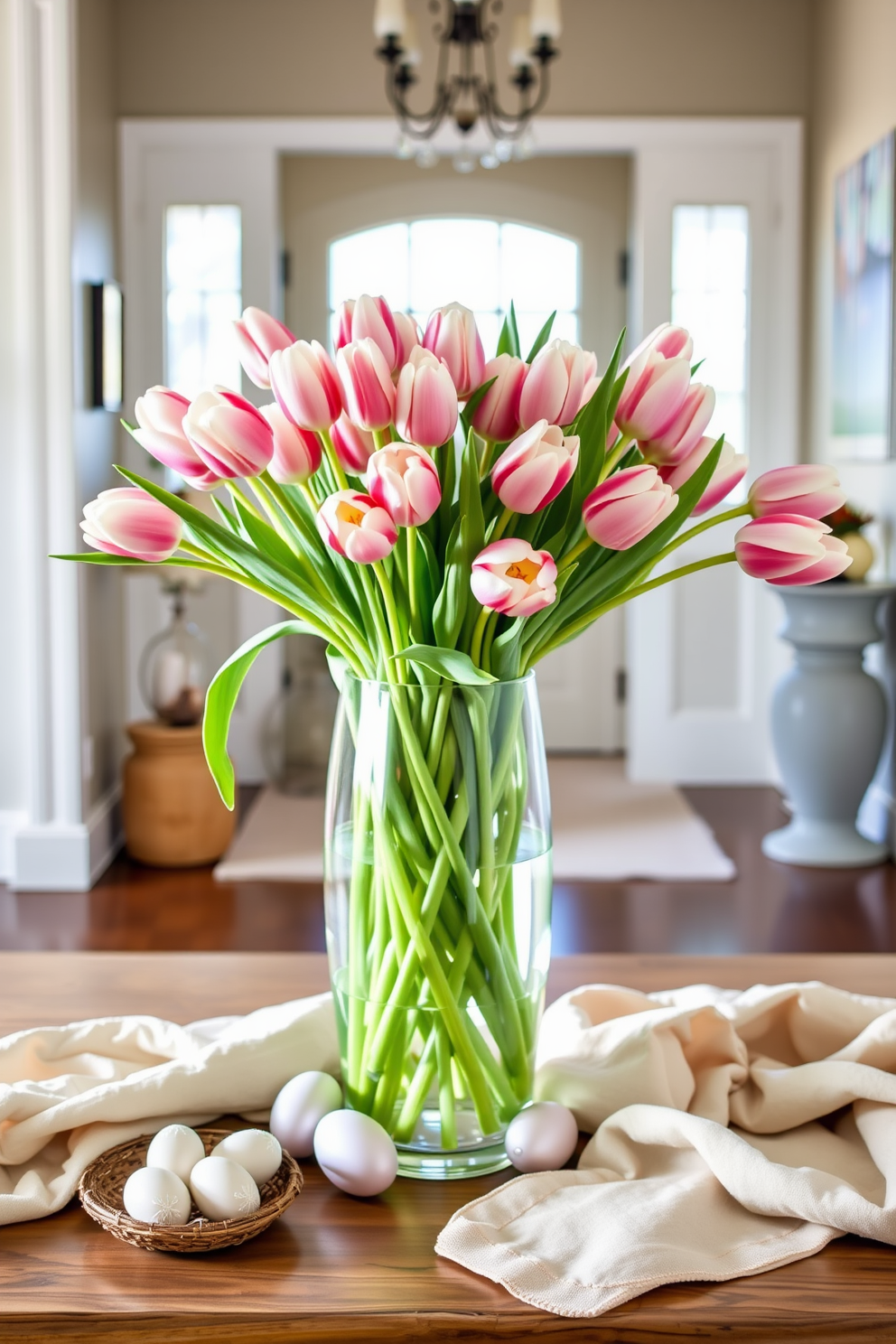 A welcoming entryway adorned with a beautiful vase filled with fresh tulips serves as a stunning centerpiece. The space is enhanced by light pastel colors and subtle Easter decorations, including delicate egg ornaments and soft, textured fabrics.