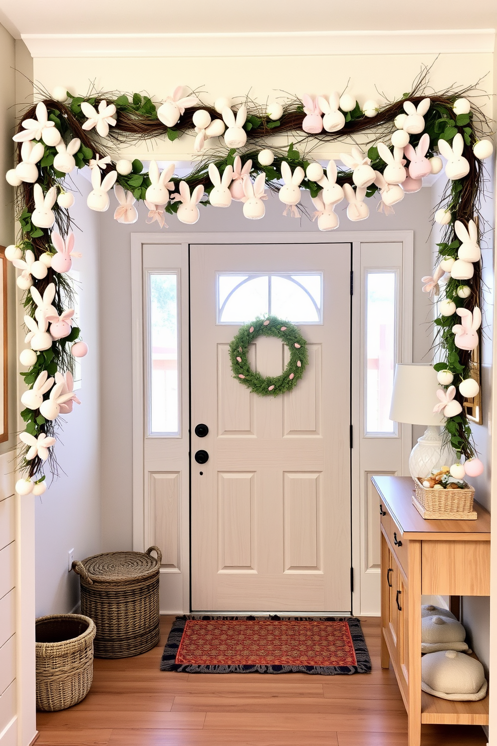 Chic bunny garland drapes gracefully across the entryway creating a festive atmosphere. The soft pastel colors of the bunnies complement the light wood tones of the entryway furniture.