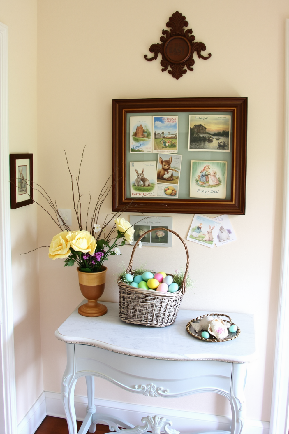 A charming entryway adorned with vintage Easter postcards displayed in an ornate wooden frame. The walls are painted a soft pastel hue, and a decorative console table holds a basket filled with colorful Easter eggs and fresh spring flowers.