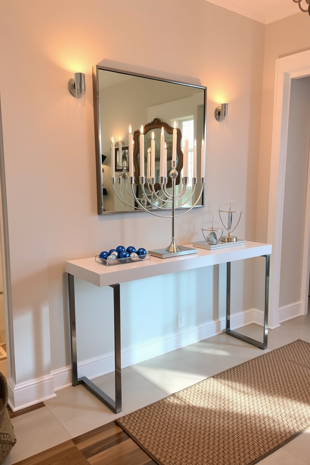 A festive menorah is elegantly displayed on a sleek console table in a warmly lit entryway. Surrounding the menorah are decorative elements such as blue and silver ornaments, along with a woven mat that adds texture to the space.