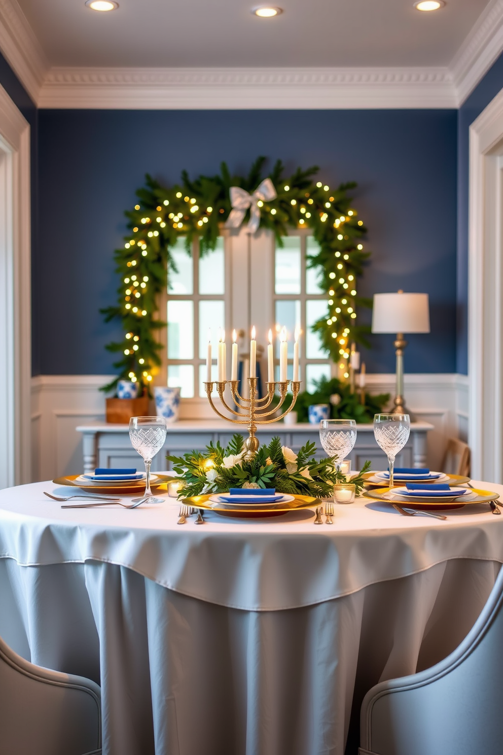 Elegant table setting for holiday greetings. The table is adorned with a crisp white tablecloth and gold-rimmed plates, complemented by sparkling crystal glasses and elegant silverware. Entryway Hanukkah Decorating Ideas. The entryway features a beautiful blue and white color scheme with a menorah on a console table, surrounded by festive greenery and twinkling fairy lights.