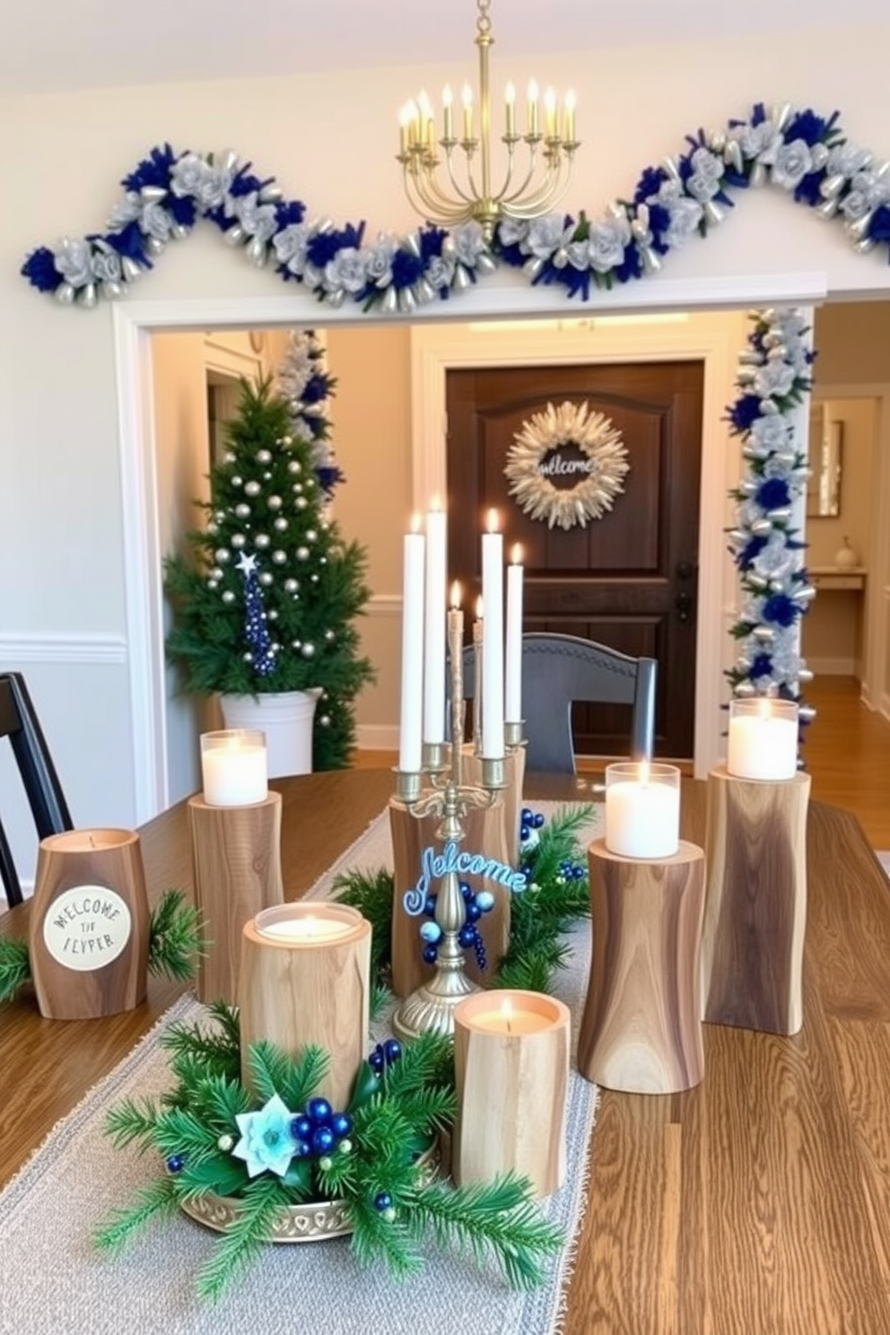 A beautifully arranged table showcases DIY Hanukkah candle holders made from natural wood, each holder displaying a unique design. The candle holders are adorned with festive decorations such as greenery and blue accents, creating a warm and inviting atmosphere. The entryway is decorated with elegant Hanukkah motifs, featuring a welcoming menorah and garlands of blue and silver. Soft lighting enhances the festive decor, making the space feel cozy and celebratory.