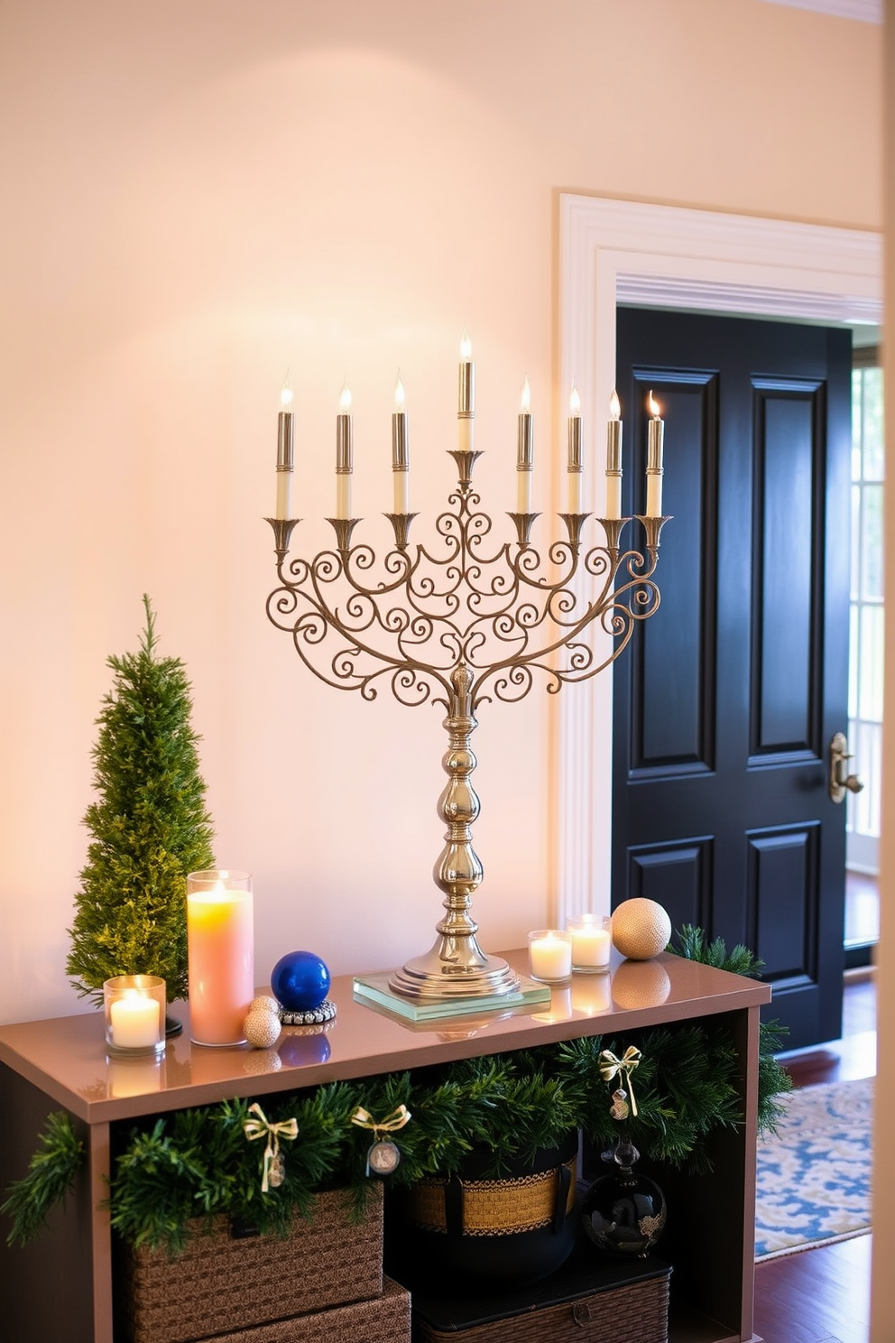 Artistic menorah as entryway focal point. The menorah is elegantly crafted with intricate designs and is positioned on a sleek console table adorned with seasonal decorations. Surrounding the menorah are festive accents like candles in vibrant colors and decorative ornaments that reflect the spirit of Hanukkah. Soft lighting highlights the menorah, creating a warm and inviting atmosphere for guests as they enter the home.