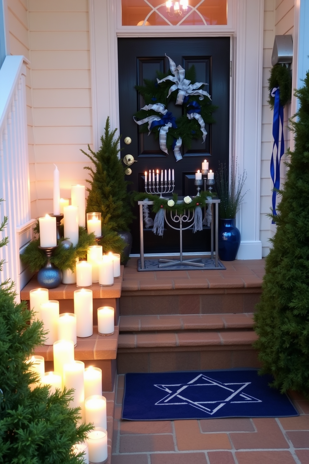 Decorative candles line the entry steps creating a warm and inviting atmosphere. The candles vary in height and are arranged in clusters, casting a soft glow that highlights the surrounding greenery. The entryway is adorned with festive Hanukkah decorations, including a beautifully designed menorah and blue and silver accents. A welcoming rug with a Star of David motif lies beneath a small console table, enhancing the holiday spirit.