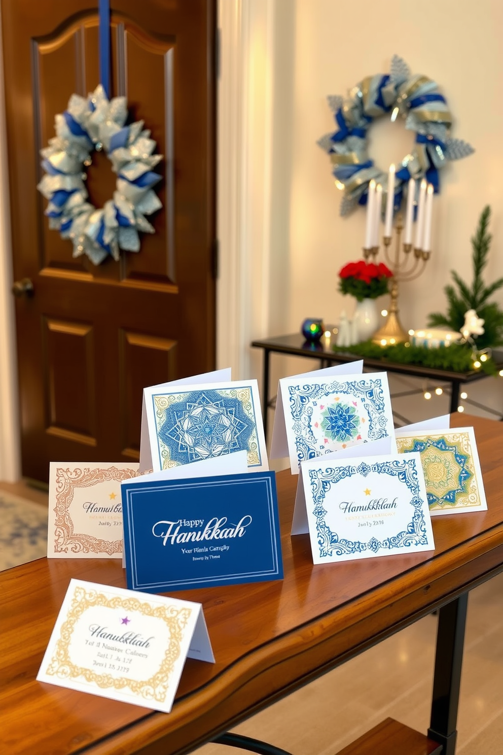 Personalized Hanukkah greeting cards are elegantly arranged on a wooden console table in the entryway. The cards feature intricate designs and vibrant colors, creating a warm and inviting atmosphere. The entryway is adorned with festive decorations, including a beautiful blue and silver wreath hanging on the door. Soft white lights twinkle around the space, illuminating a menorah placed on a side table.