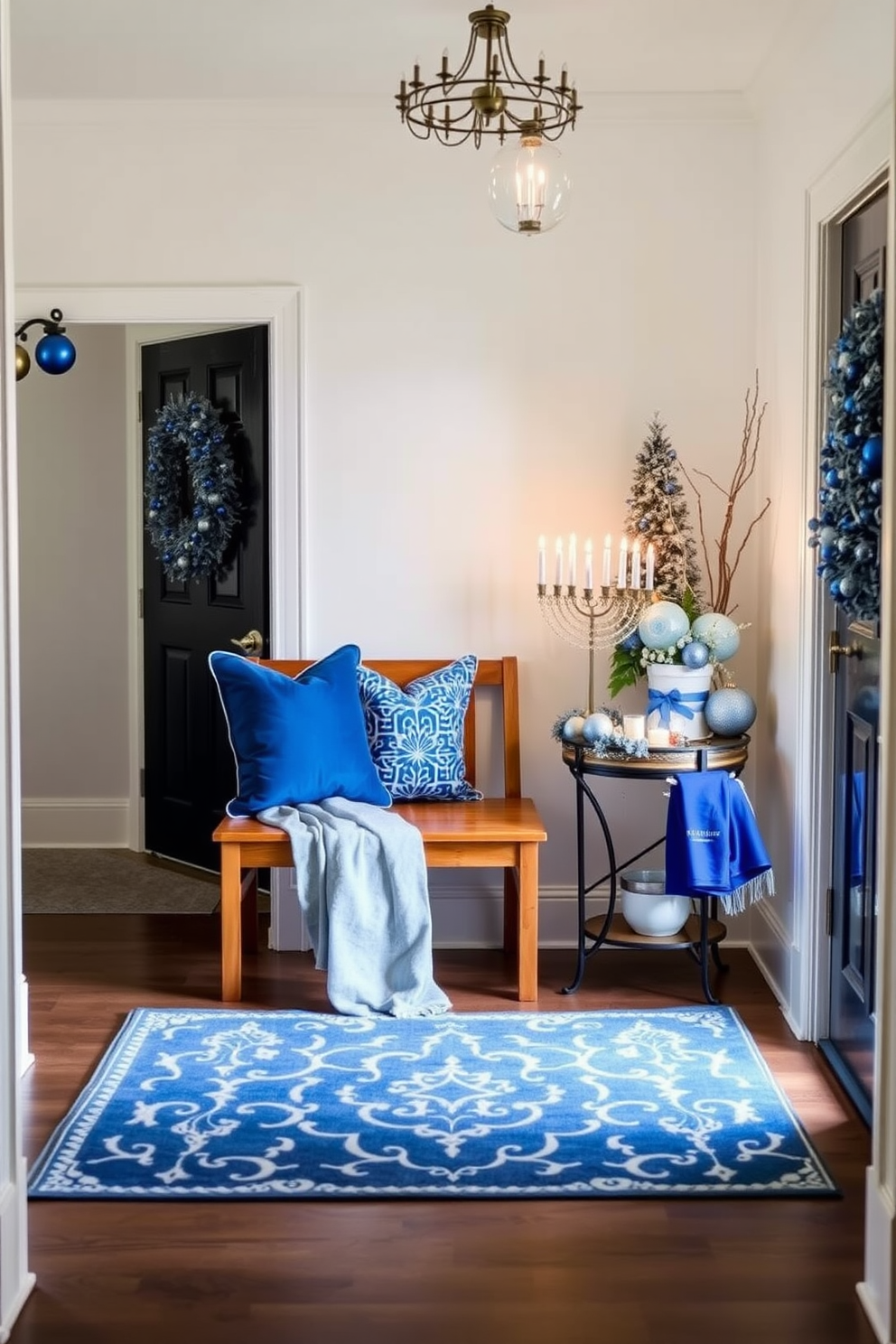 A charming entryway features a cozy wooden bench adorned with blue cushions. The walls are painted in a soft white shade, and a decorative blue and white rug lies beneath the bench. For Hanukkah decorating ideas, the entryway is adorned with elegant blue and silver decorations. A menorah is placed on a small table next to the bench, surrounded by festive ornaments and twinkling lights.