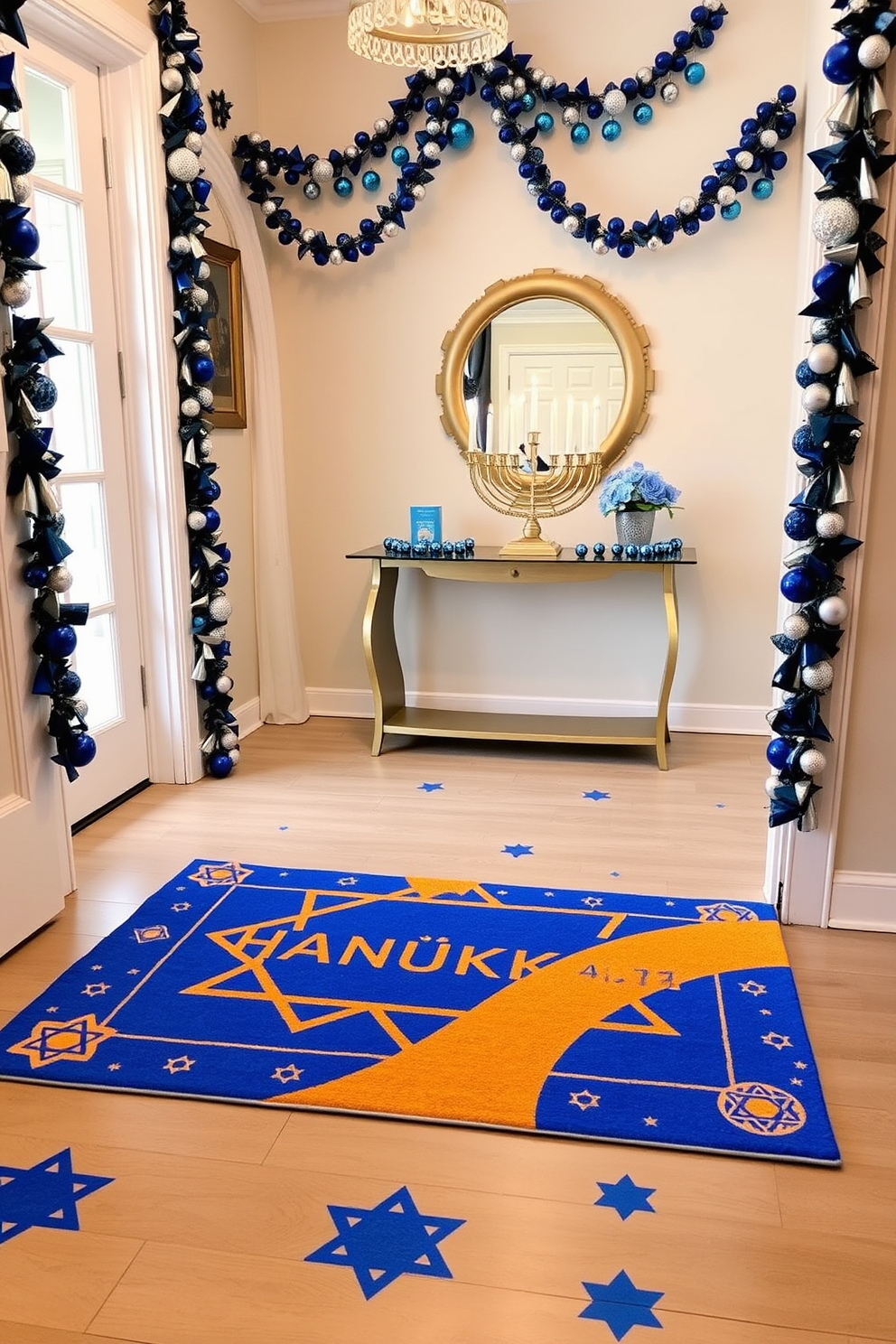 A vibrant Hanukkah-themed welcome mat is placed at the entrance, featuring bright blue and gold colors with Star of David patterns. The entryway is adorned with festive decorations, including a menorah on a console table and garlands of blue and silver ornaments hanging from the walls.