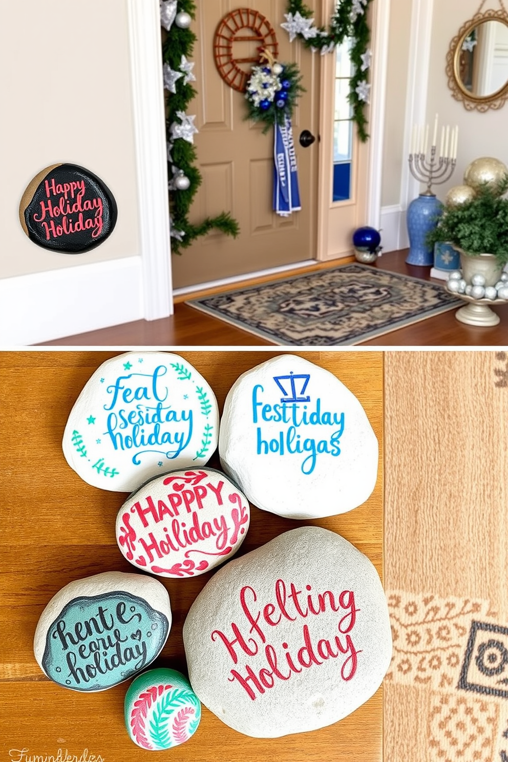 A collection of DIY painted stones featuring festive holiday messages. Each stone is uniquely designed with vibrant colors and intricate patterns, arranged in a welcoming entryway display. A beautifully decorated entryway for Hanukkah, showcasing a menorah and blue and silver accents. The space is adorned with festive garlands and a cozy rug, creating a warm and inviting atmosphere.