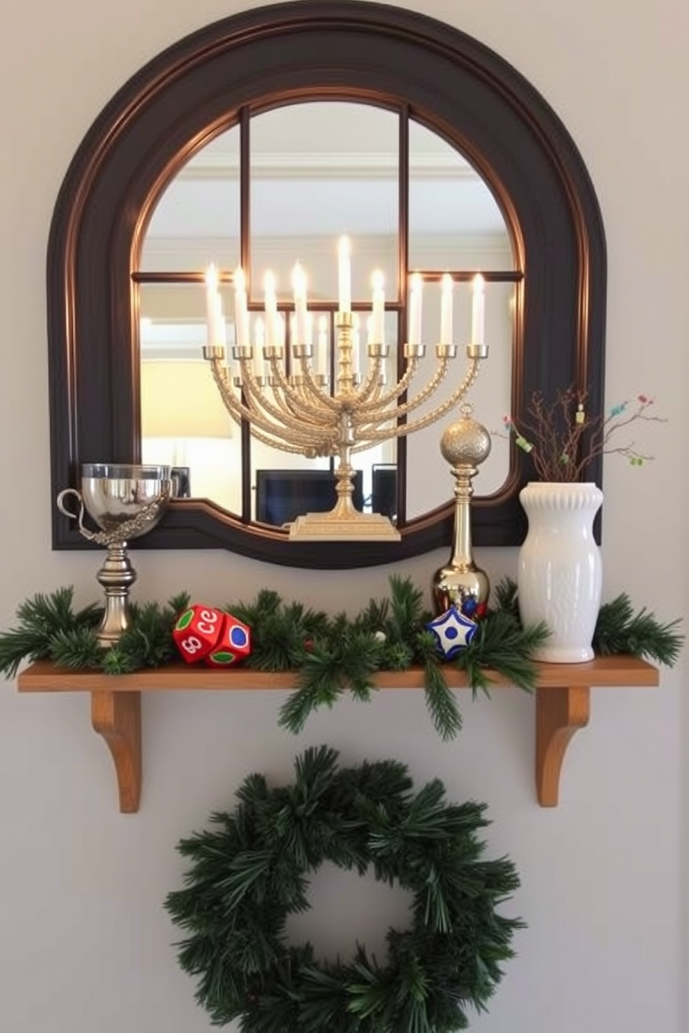 A beautifully arranged entryway shelf adorned with a lighted menorah. The shelf features festive decorations, including colorful dreidels and a garland of greenery, creating a warm and inviting atmosphere for Hanukkah.