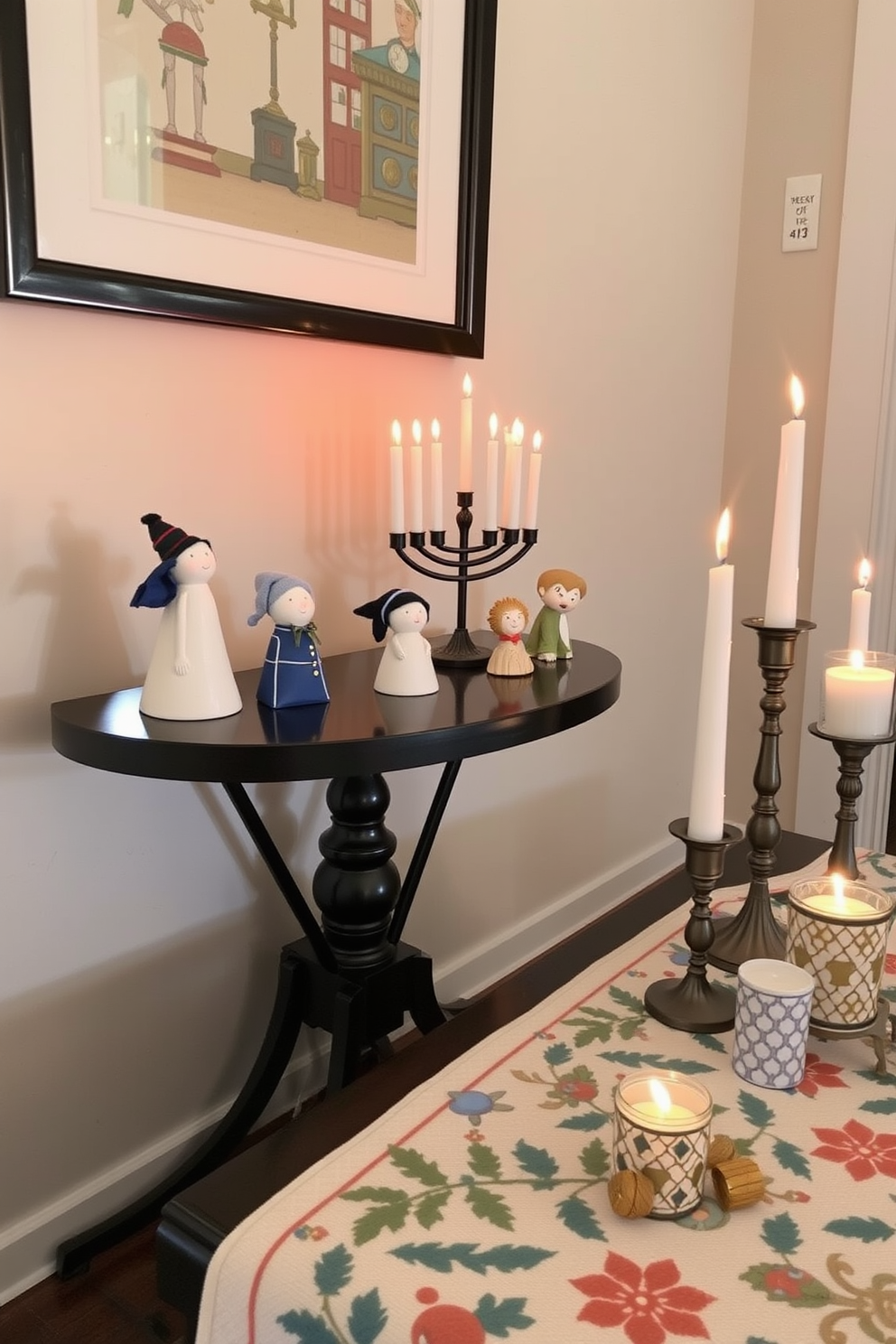 Whimsical Hanukkah figurines are arranged on a stylish side table, adding a playful touch to the entryway. The table is adorned with a festive table runner, and a warm glow emanates from decorative candles placed nearby.