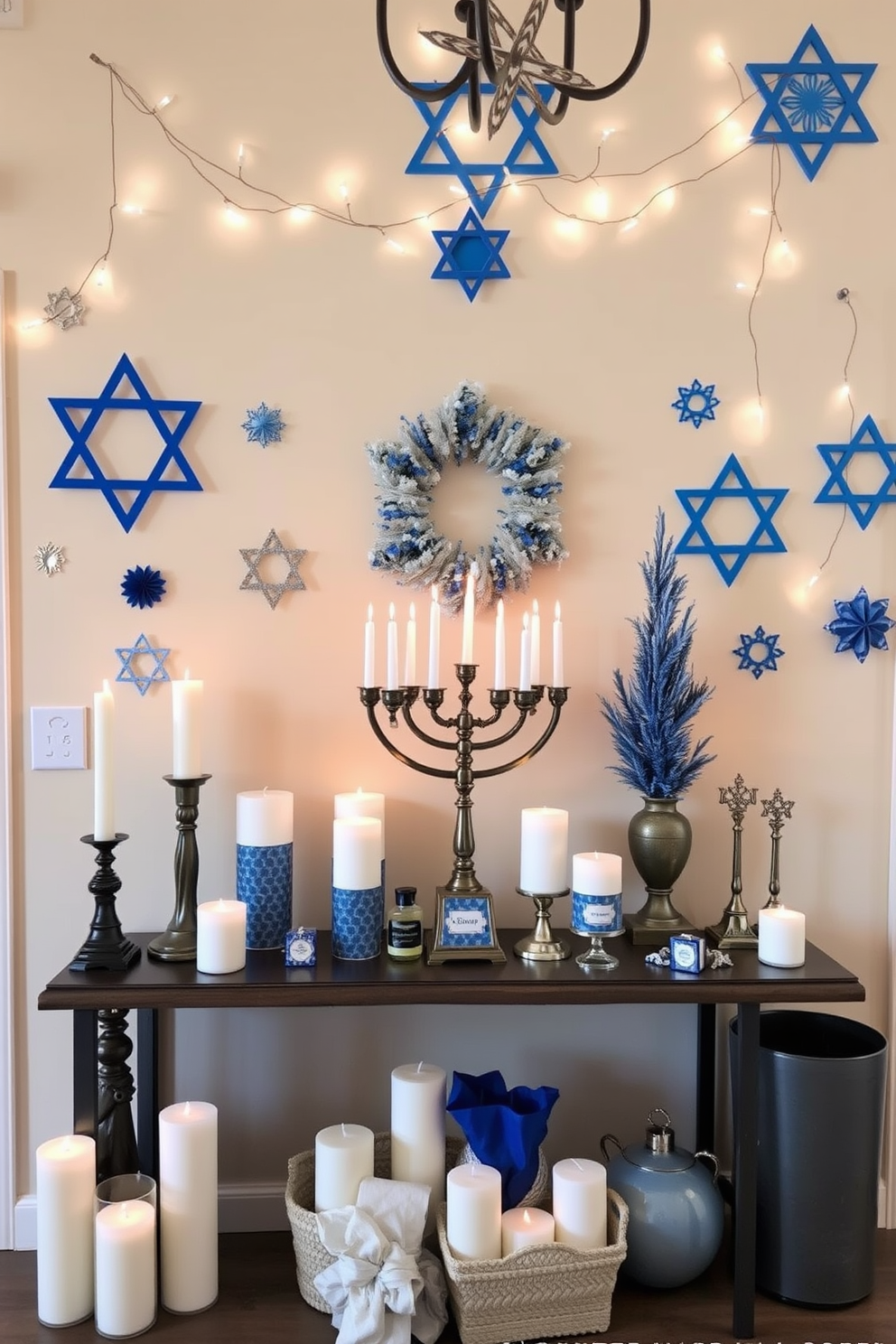 Create a warm and inviting entryway decorated for Hanukkah. The space features a beautifully arranged display of scented candles in various sizes, each emitting festive aromas that enhance the holiday spirit. Adorn the walls with blue and silver decorations, including Star of David motifs and string lights. A welcoming menorah sits prominently on a console table, surrounded by decorative elements that celebrate the season.