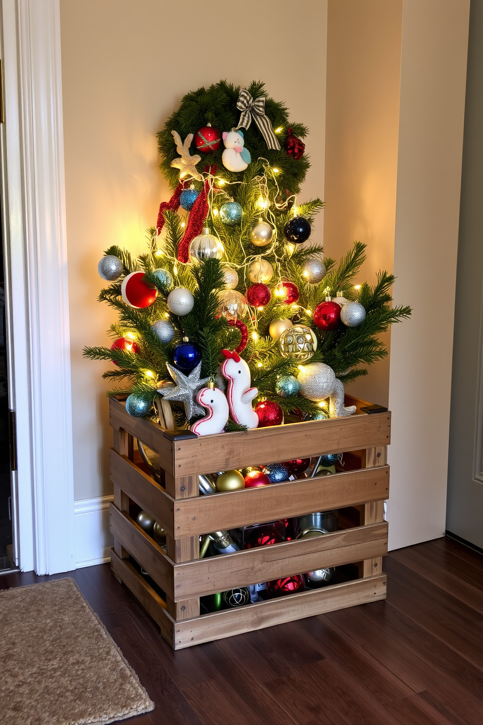 A rustic wooden crate sits in the entryway filled with festive holiday decorations. The crate is adorned with pine branches, twinkling fairy lights, and colorful ornaments, creating a warm and inviting atmosphere for Hanukkah celebrations.