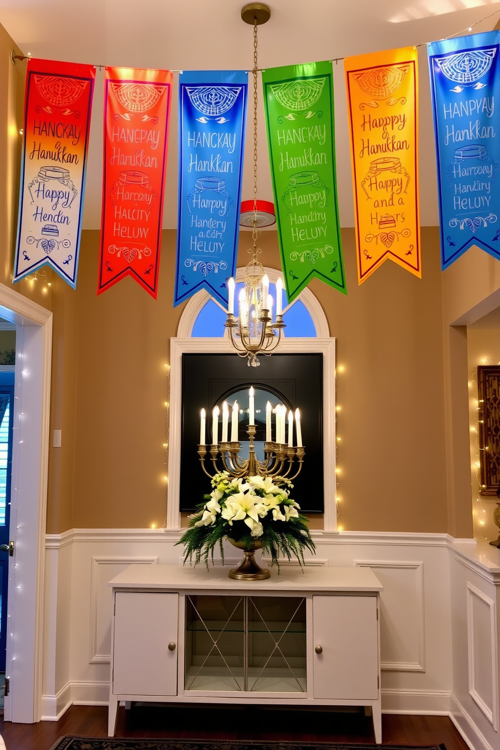 Colorful banners with Hanukkah wishes hang gracefully in the entryway, adding a festive touch to the space. The walls are adorned with twinkling lights, and a beautifully arranged menorah sits on a console table, welcoming guests with warmth and joy.