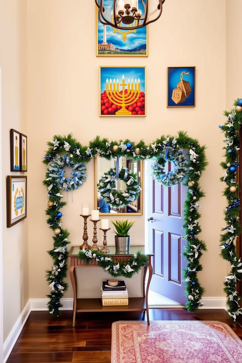 A beautifully decorated entryway for Hanukkah featuring seasonal artwork that highlights traditional symbols such as the menorah and dreidels. The walls are adorned with vibrant paintings and crafts that celebrate the holiday spirit, creating a warm and inviting atmosphere. The entryway includes a stylish console table topped with decorative items like candles and a small potted plant. Festive garlands and wreaths made from blue and silver accents frame the door, welcoming guests with a touch of holiday cheer.