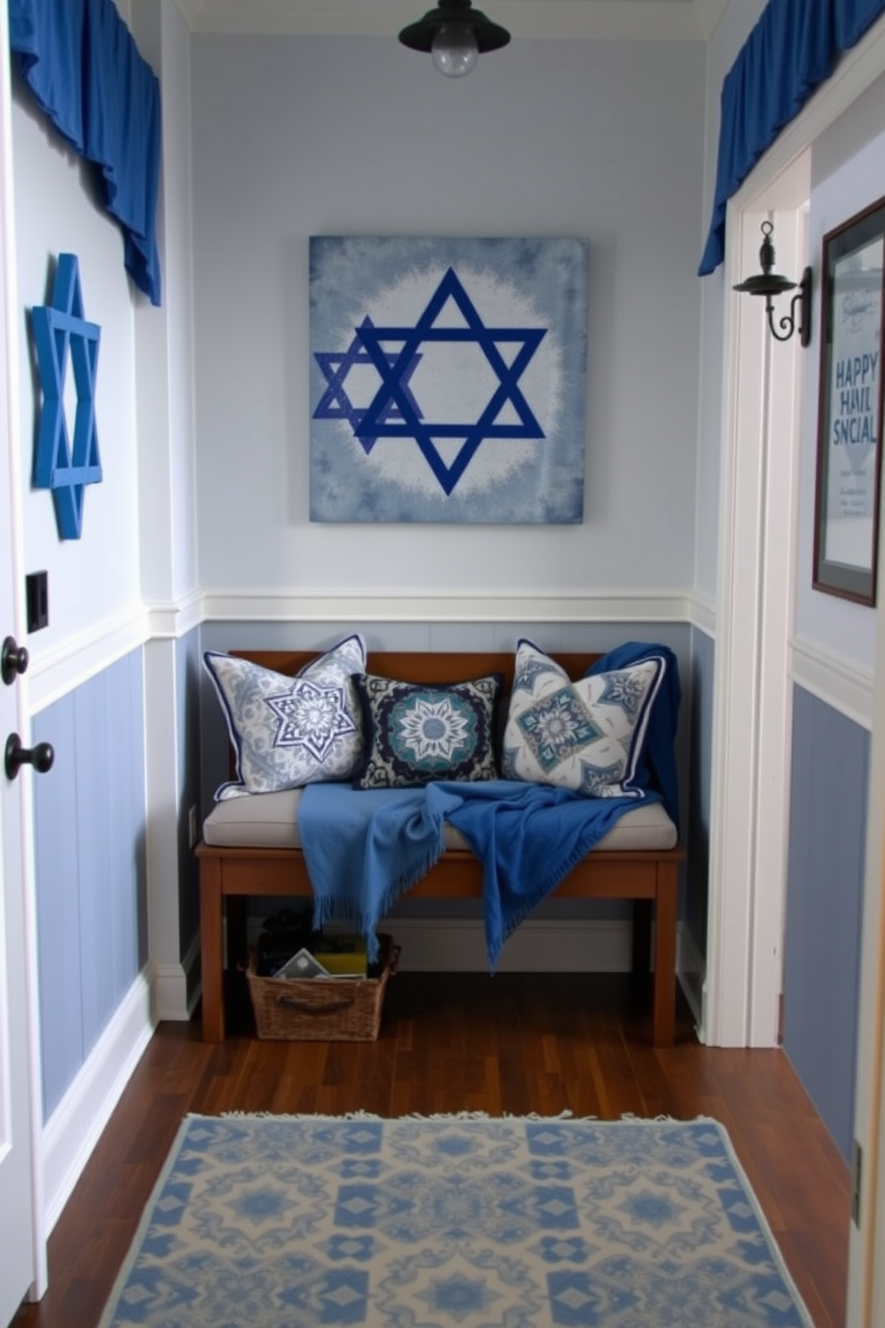 A cozy entryway adorned with Hanukkah-themed wall art that captures the spirit of the holiday. The walls are decorated with blue and silver accents, featuring a large Star of David and menorah artwork. A welcoming bench sits beneath the art, draped with a soft blue throw blanket. Decorative pillows with festive patterns add a touch of comfort and style to the space.