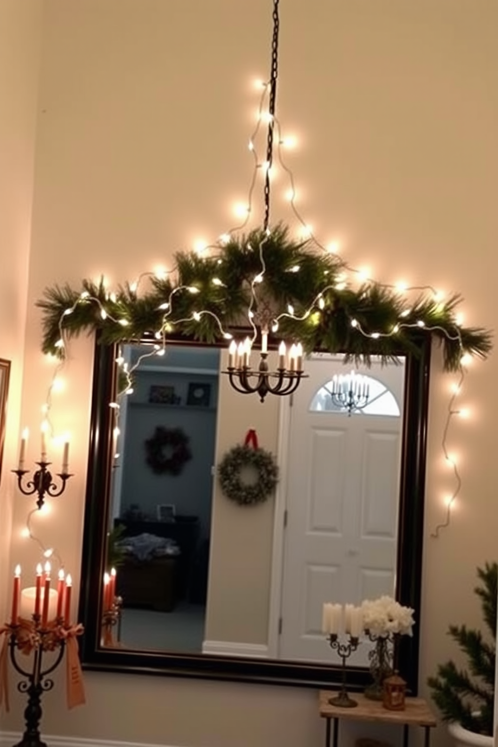 A warm and inviting entryway adorned with string lights draped elegantly over a large mirror. The lights create a soft glow, enhancing the festive atmosphere while complementing the Hanukkah decorations displayed nearby.