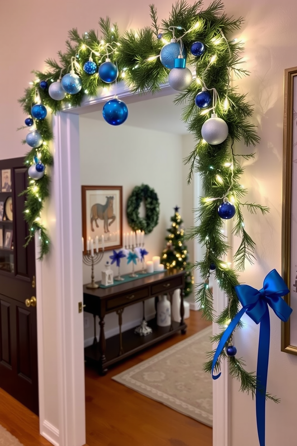 A charming Hanukkah garland drapes elegantly across the doorway, adorned with blue and silver ornaments that shimmer in the light. The garland is interspersed with fresh greenery and twinkling fairy lights, creating a warm and inviting atmosphere for the festive season. In the entryway, decorative elements such as a menorah and festive candles are placed on a console table. The walls are adorned with holiday-themed artwork, enhancing the joyful spirit of Hanukkah throughout the space.